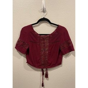 KENDALL & KYLIE Burgundy Short Sleeve Open Back Cropped Top